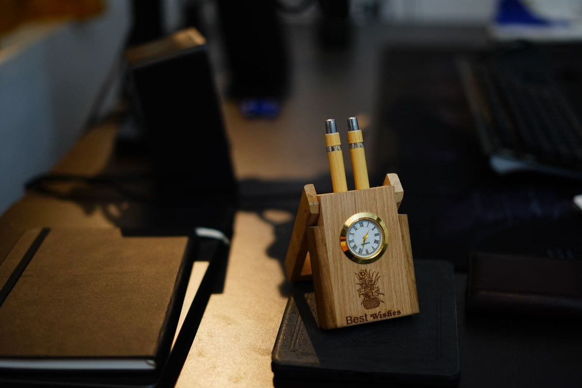 Wooden Desk Organizer with Clock